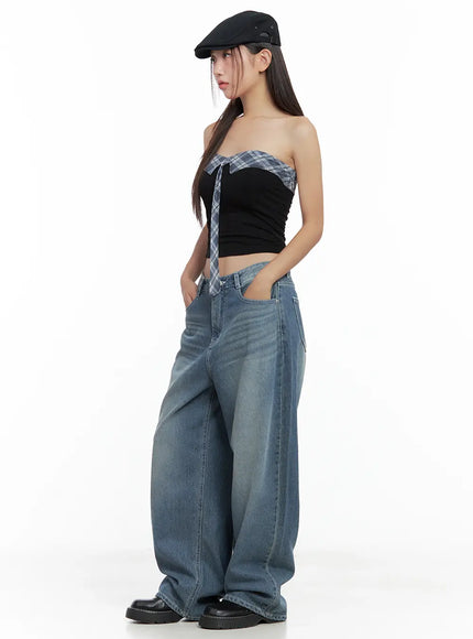 contrast-plaid-tie-tube-top-cl508