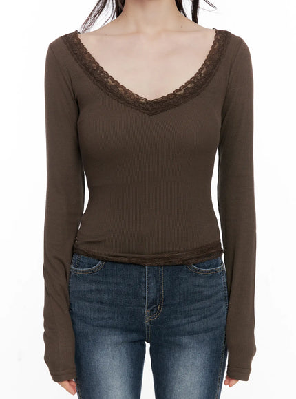 Slim Ribbed Lace Trim Top CG519