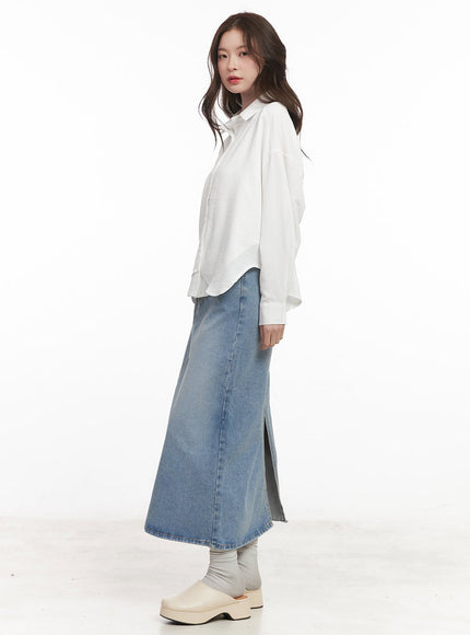 Back-Slit Stitched Denim Maxi Skirt CM511