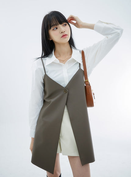 One Button Faux Leather Mini Dress OS29