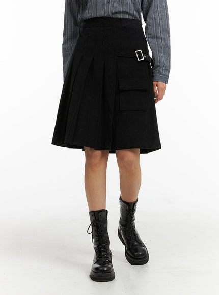 mid-waist-solid-pleated-belted-midi-skirt-cj411 / Black