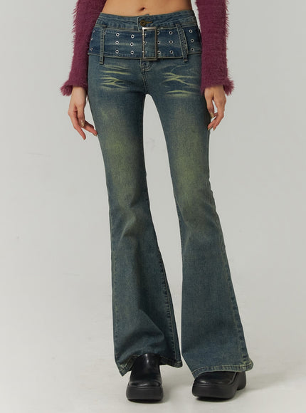 low-waist-buckle-flared-denim-jeans-cj419 / Blue