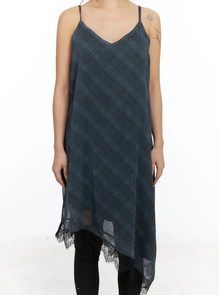 asymmetric-lace-trim-plaid-midi-dress-cf511