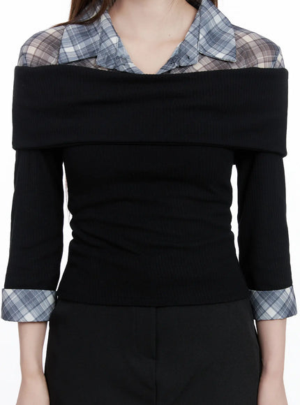 plaid-collar-layered-long-sleeve-top-cg529