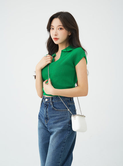 V-Neck Collar Crop Short Sleeve Tee BG09