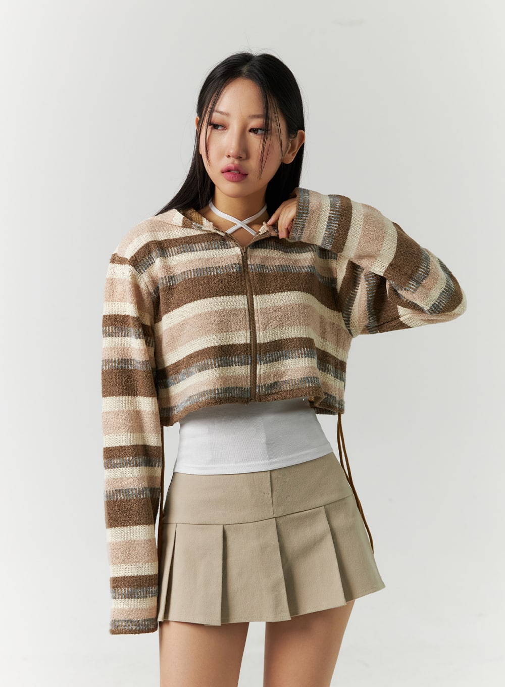 striped-shirring-hooded-crop-sweater-cd301