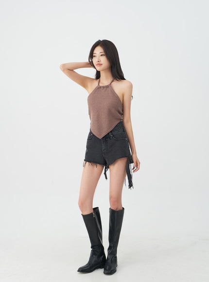 Double Buttoned Distressed Black Shorts IJ23