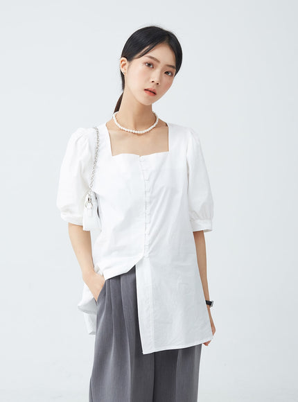 Square Neck Button-Down Slit Blouse OU19