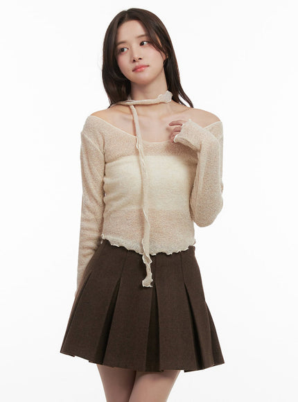 See-Through Off-Shoulder Top with Tie Set IJ510