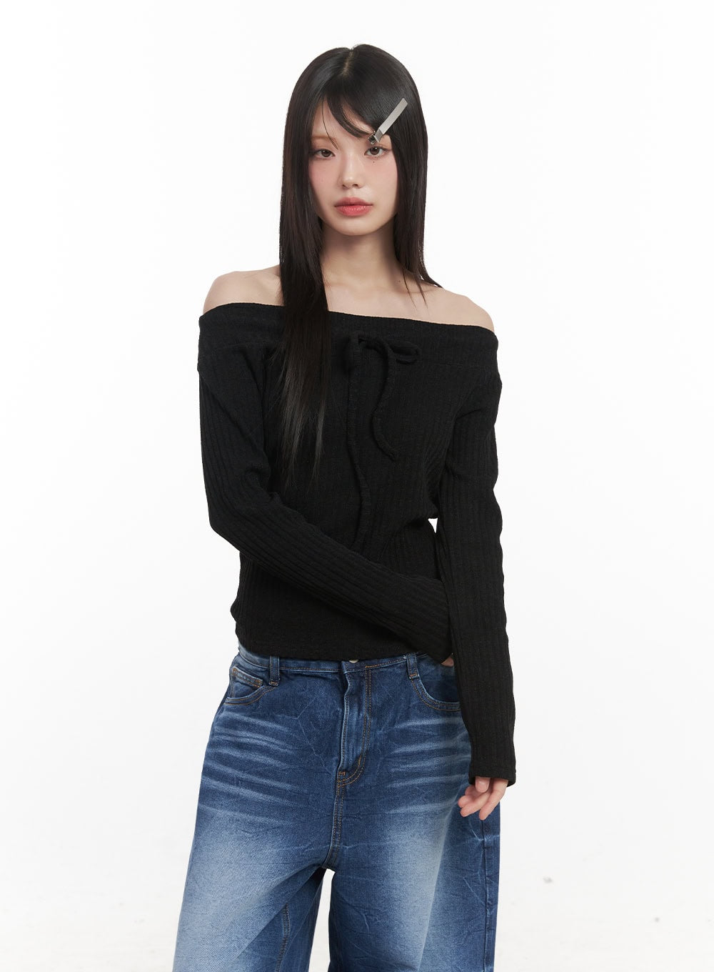 Ribbed Off-Shoulder Long-Sleeve Ribbon Top CJ524