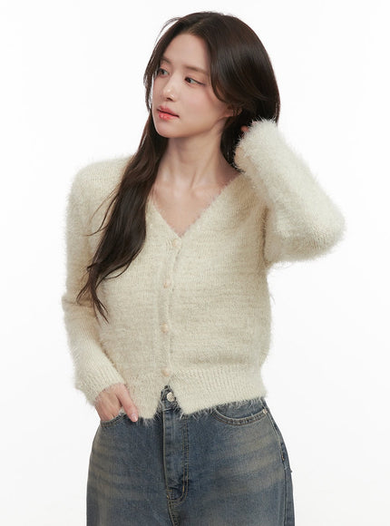 Fuzzy V-Neck Buttoned Crop Cardigan IJ510