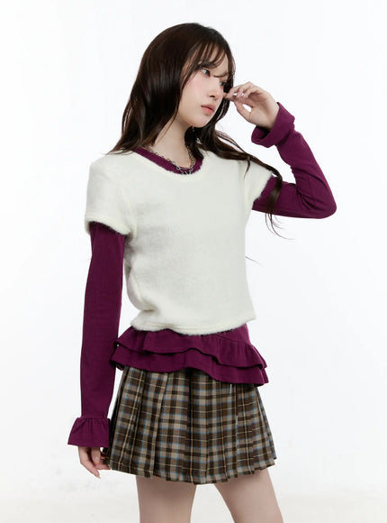 layered-fur-trim-short-sleeve-top-cn525