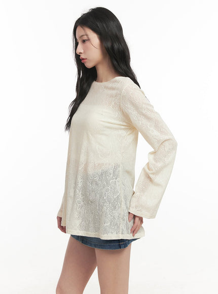 Butterfly Lace Sheer Long-Sleeve Top CF513