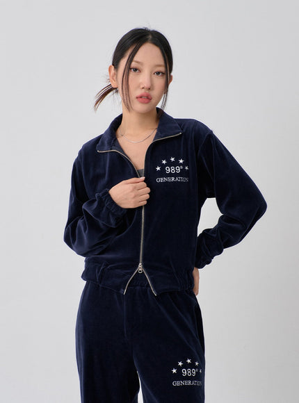 Lettering Embroidery Velvet Two Way Zipper Sweatshirt CN10