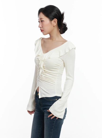 ruffle-shirred-v-neck-long-sleeve-top-cj530