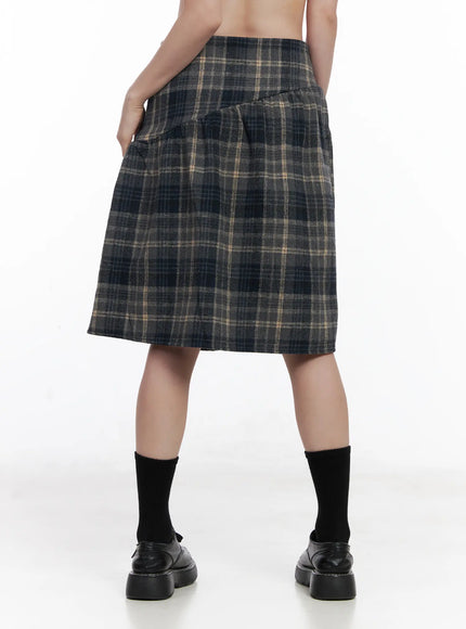 plaid-button-detail-flare-midi-skirt-cj520
