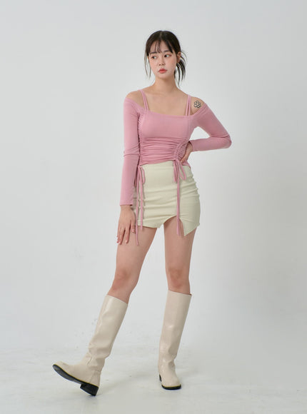 Off-Shoulder Double Front Tie Ruched Top IJ304