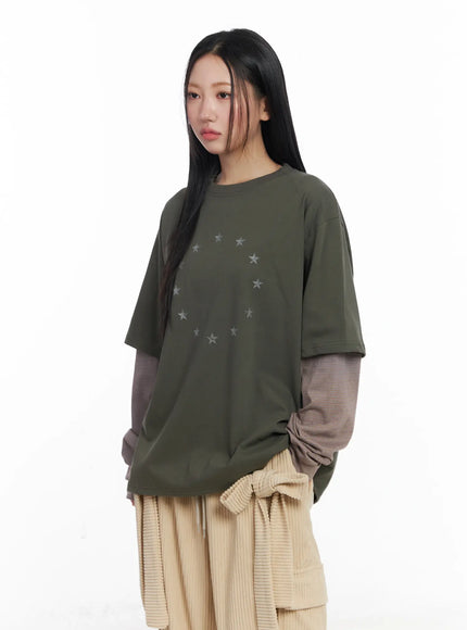 Oversized Star Print Layered Long Sleeve Tee CJ514