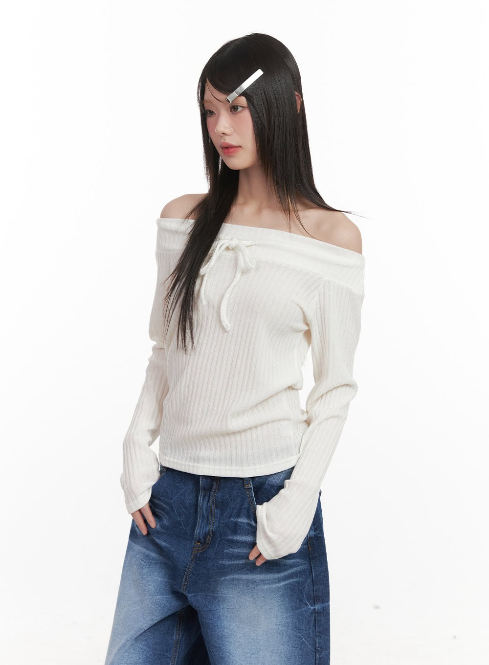 Ribbed Off-Shoulder Long-Sleeve Ribbon Top CJ524