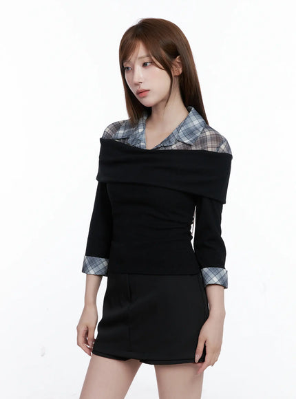 plaid-collar-layered-long-sleeve-top-cg529