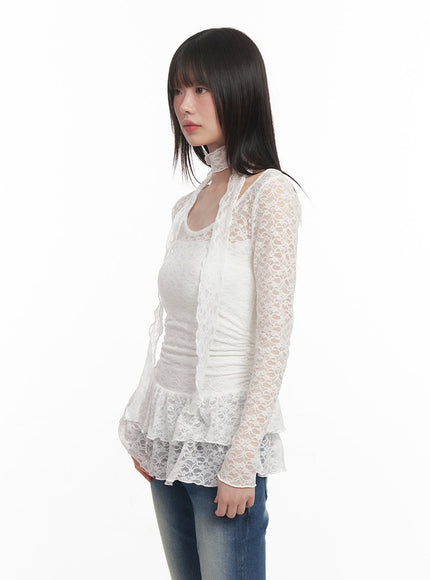 Lace Frill Slim-Fit Long Sleeve Top & Scarf Set CM519