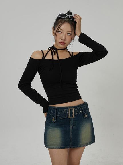 Neck Ribbon Detail Long Sleeve Cropped Top CD21