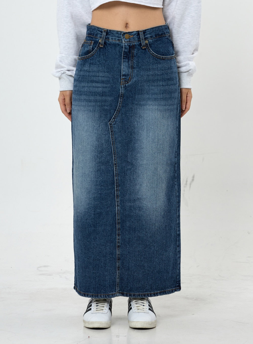 Grid Washing Long Jeans Skirt CS23