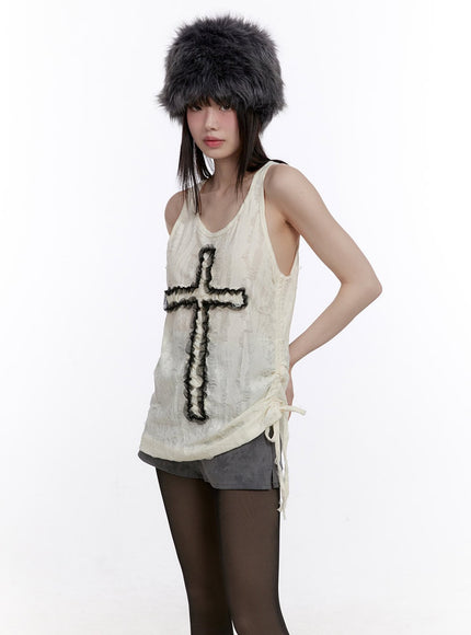 Shirred Lace-Trim Cross Tank Top CF512