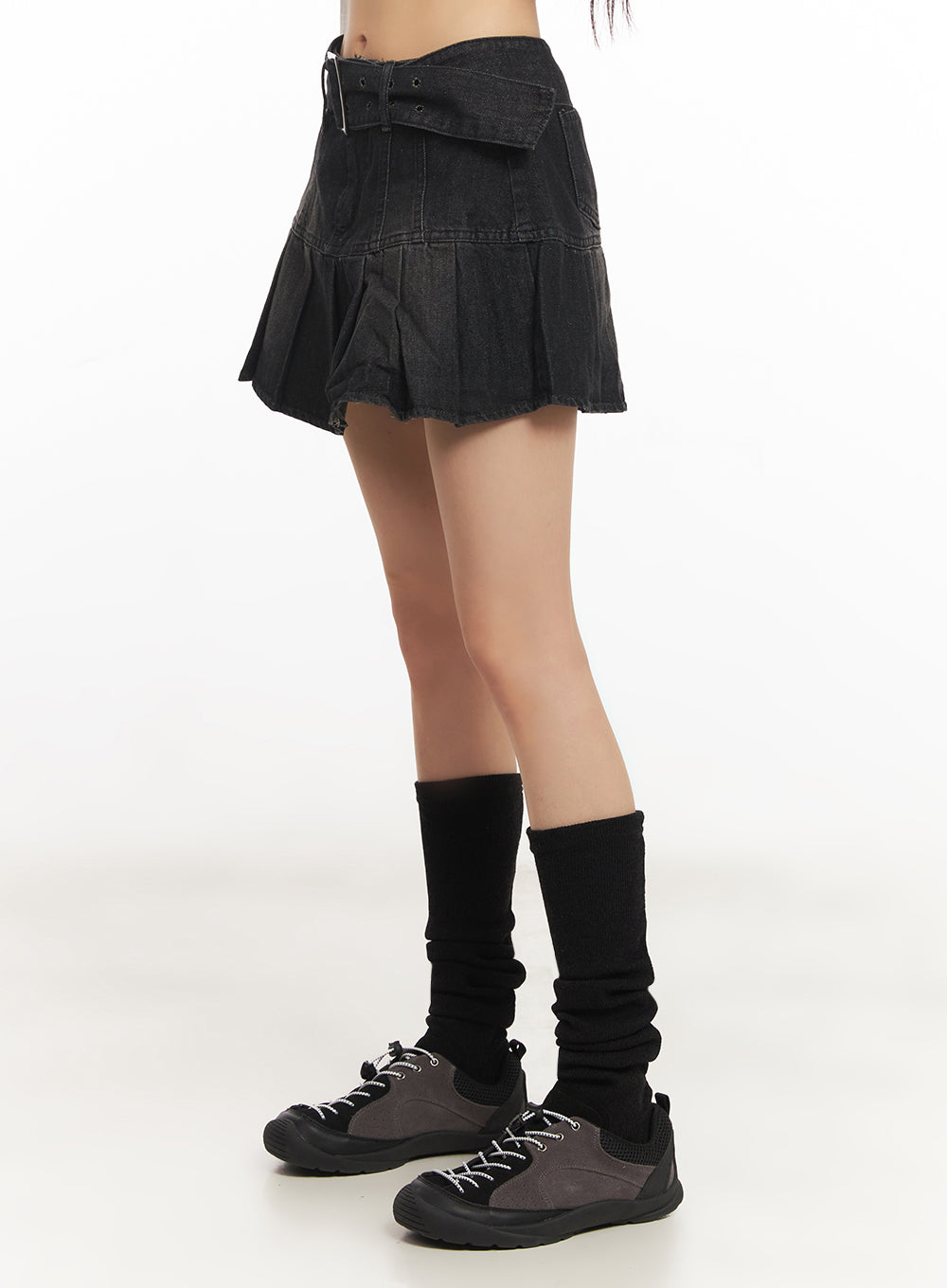 Pleated Denim Buckle Mini Skirt IY502
