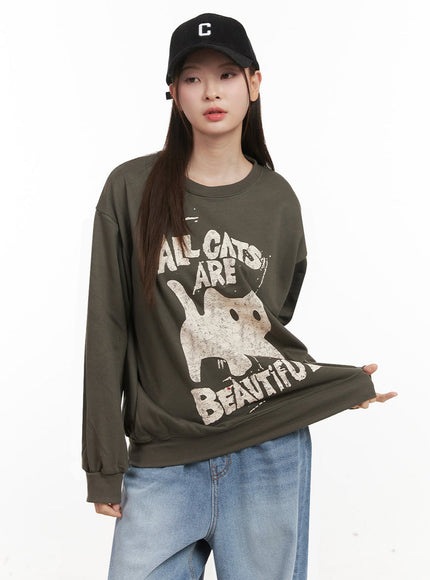 Oversized Cat Graphic Crew Neck IJ527