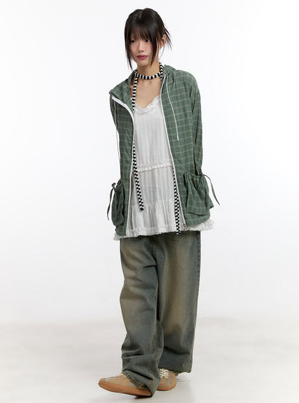 Ribbon Pocket Checkered Hooded Jacket CA508
