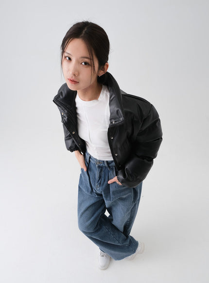 Faux Leather Cropped Puffer Jacket CS07