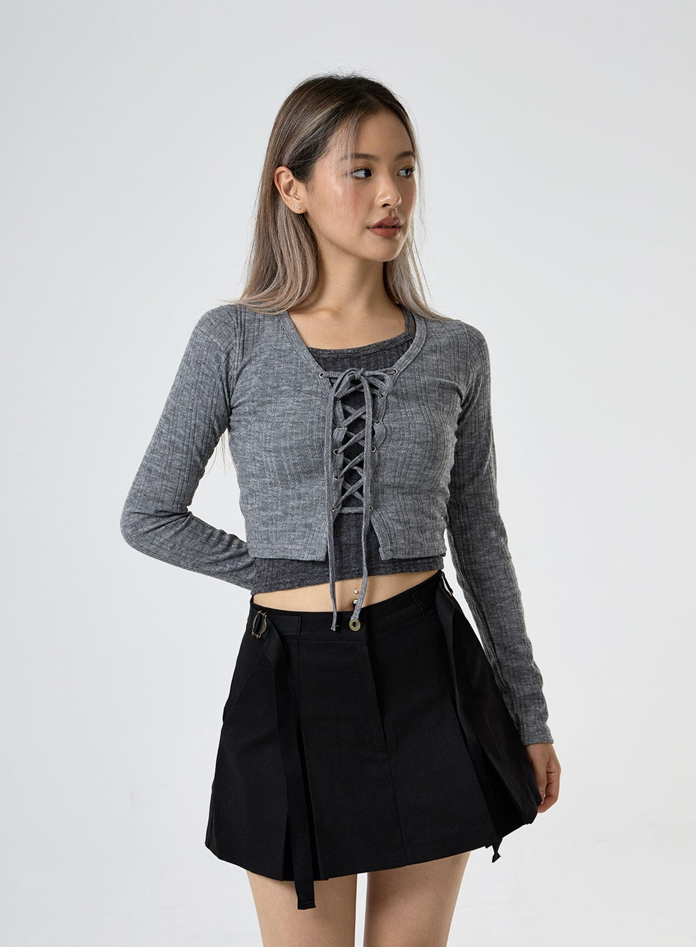 Lace Up Ribbed Crop Cardigan CG25
