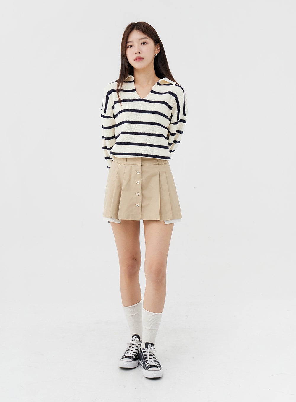 V-Neck Stripe Long Sleeve Knit with Collar IG24
