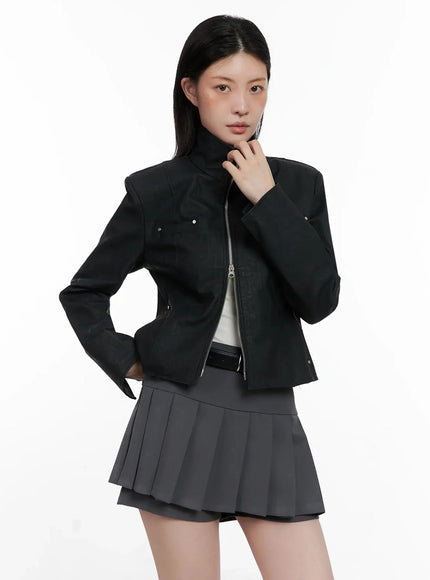 High Neck Zip Up Faux Leather Jacket IS508