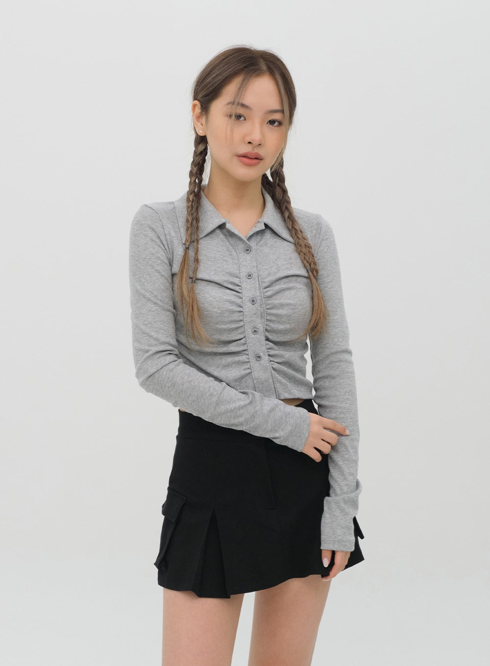 Cropped Shirt with Front Shirring C1002
