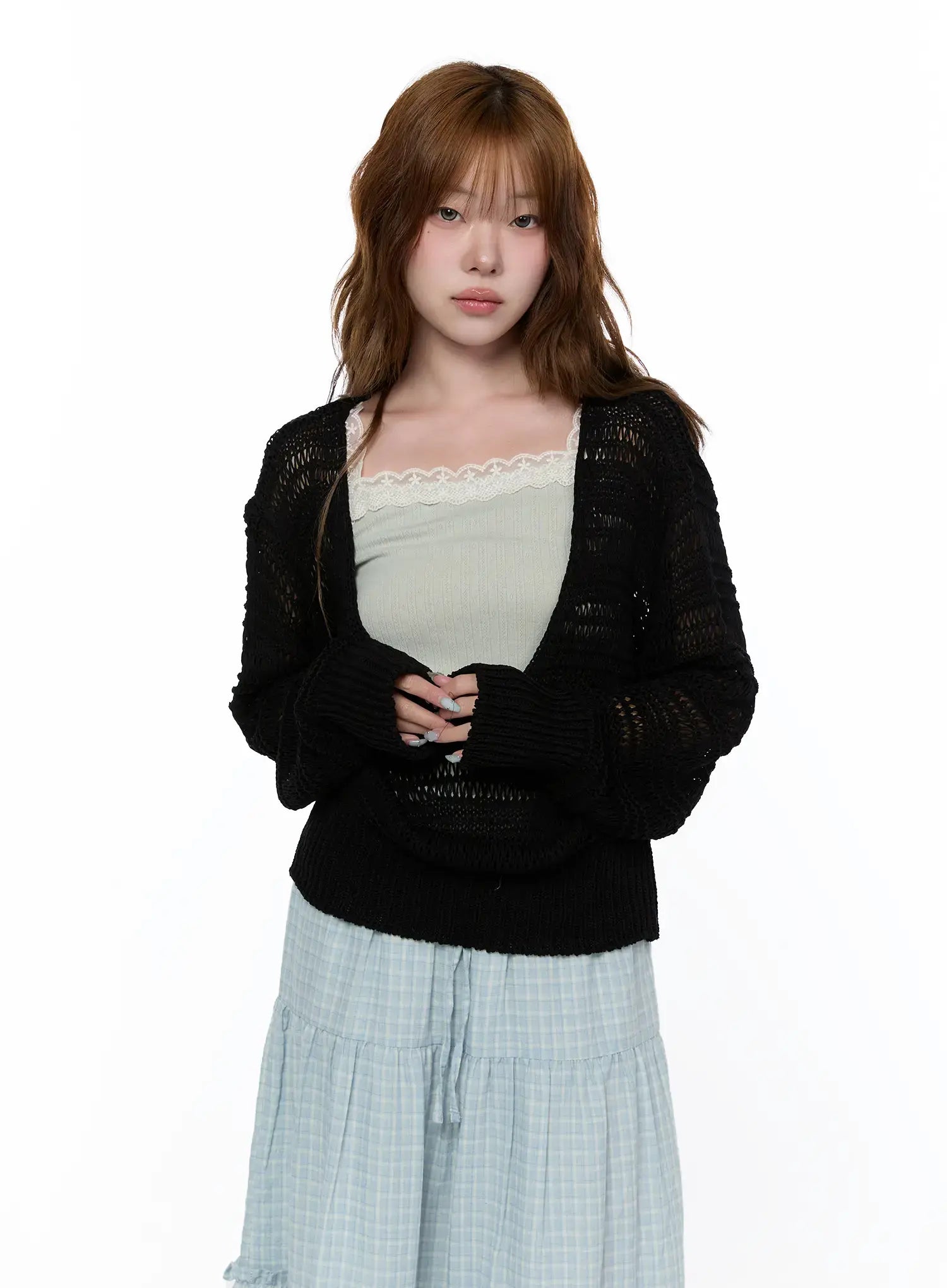 loose-fit-deep-v-neck-knit-cardigan-ca520 / Black