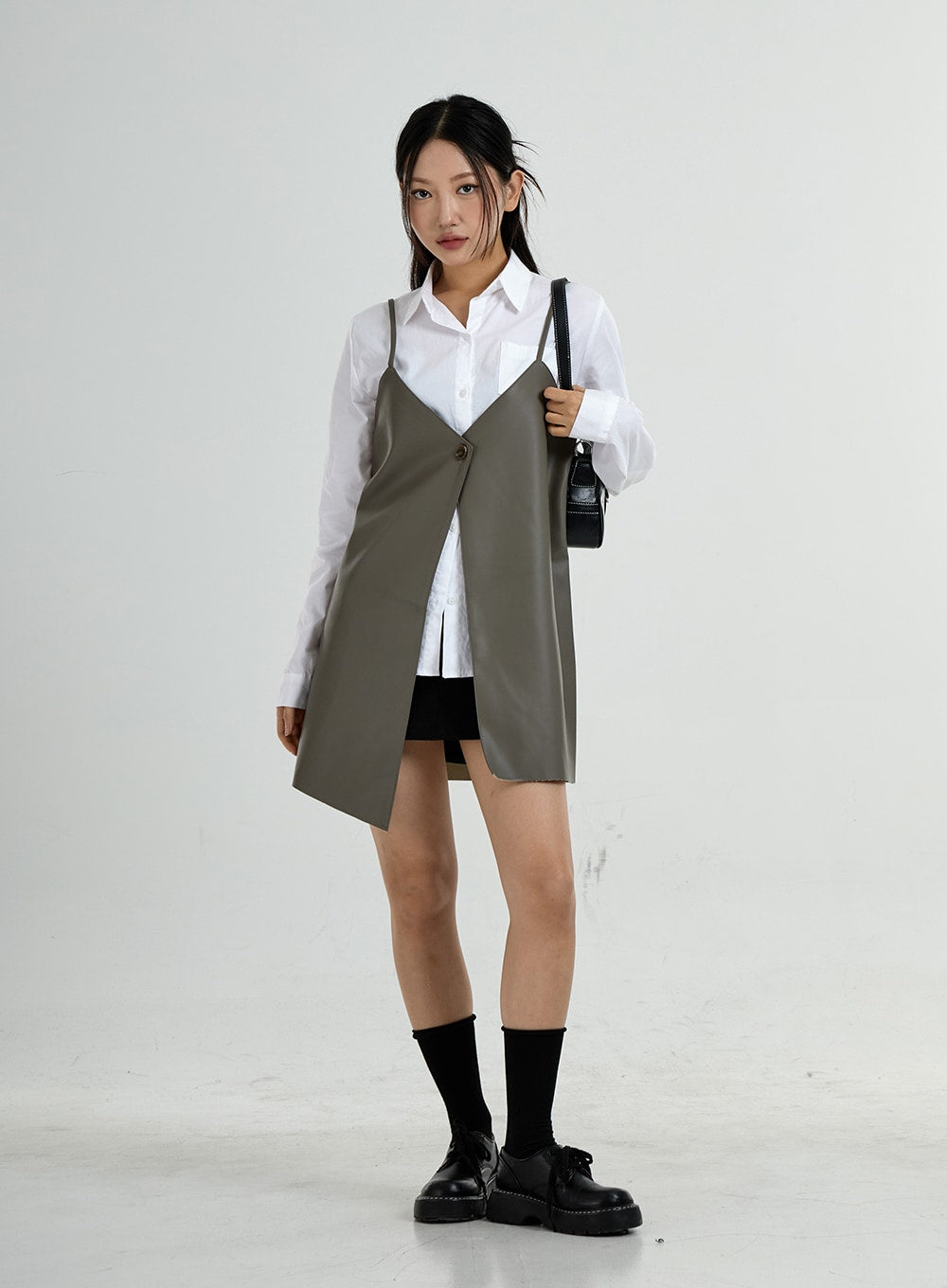 One Button Layered Faux Leather Dress CO24