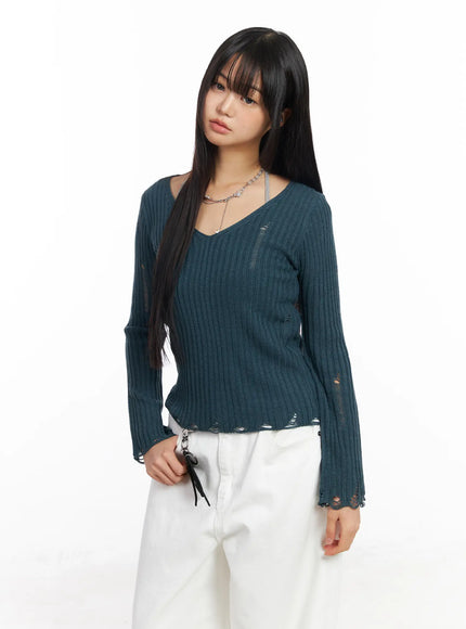 Distressed V-Neck Knit Sweater CF504