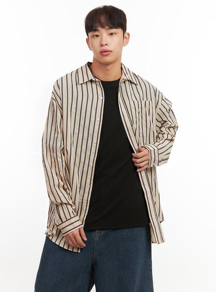 Men's Oversized Stripe Collared Button-Up Shirt IF521