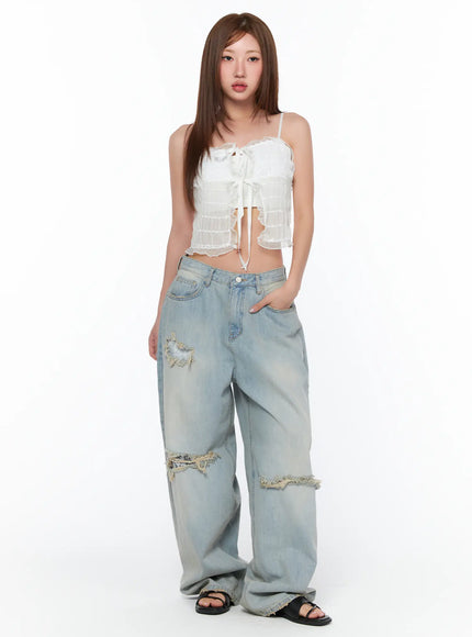 Ramona Distressed Lace Detail Wide Leg Jeans CA515