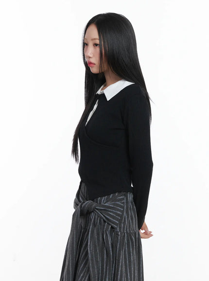 Button Wrap Collar Ribbed Long Sleeve Top CD529