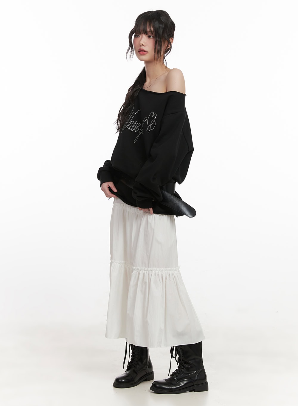 Chic One-Shoulder Studded Sweatshirt CJ523