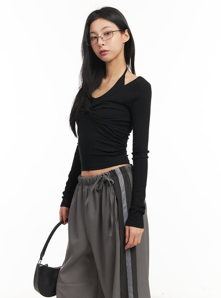 Twist Ribbon Long-Sleeve Crop Top CM503