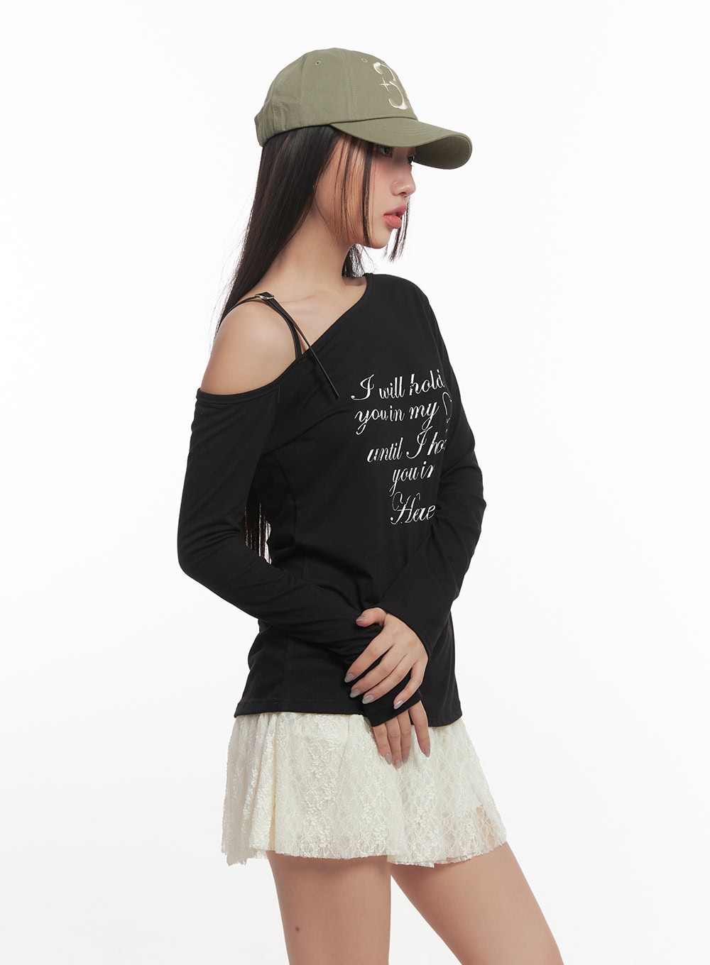 Letter Print One-Shoulder Long Sleeve Top CF524