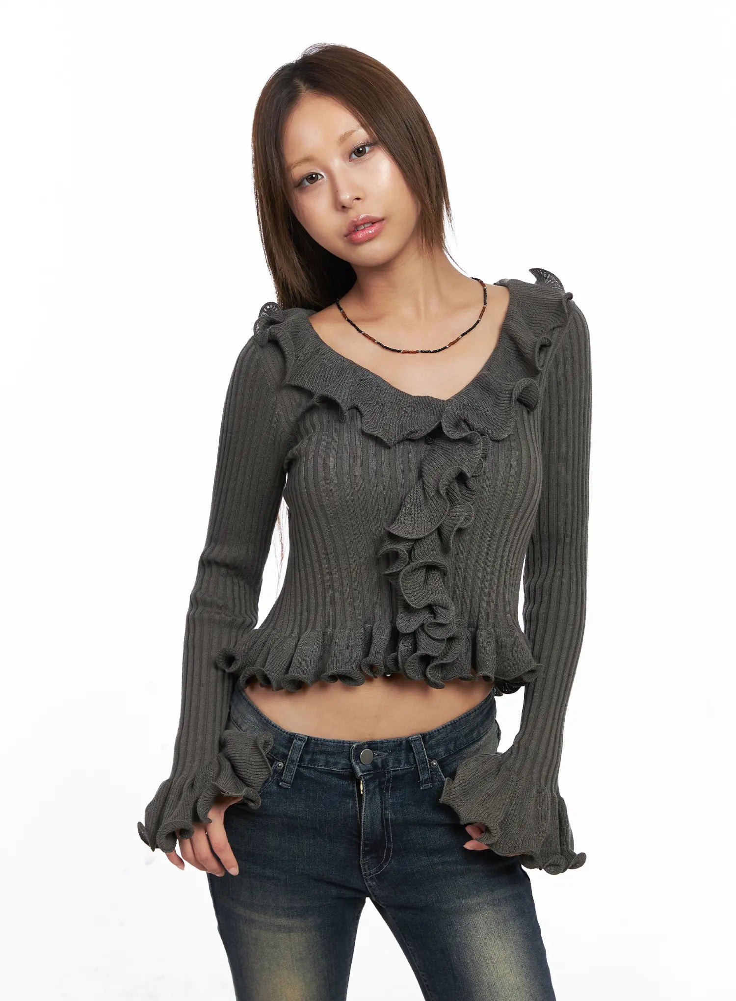 Ruffle Trim Slim-Fit Cardigan CO510