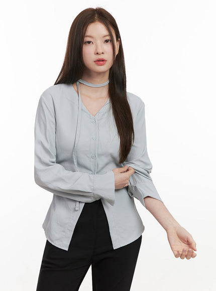 Slim-Fit Button-Down Blouse with Scarf IF505