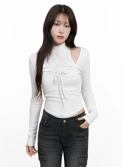 Ribbon Turtleneck Cutout Top IN514