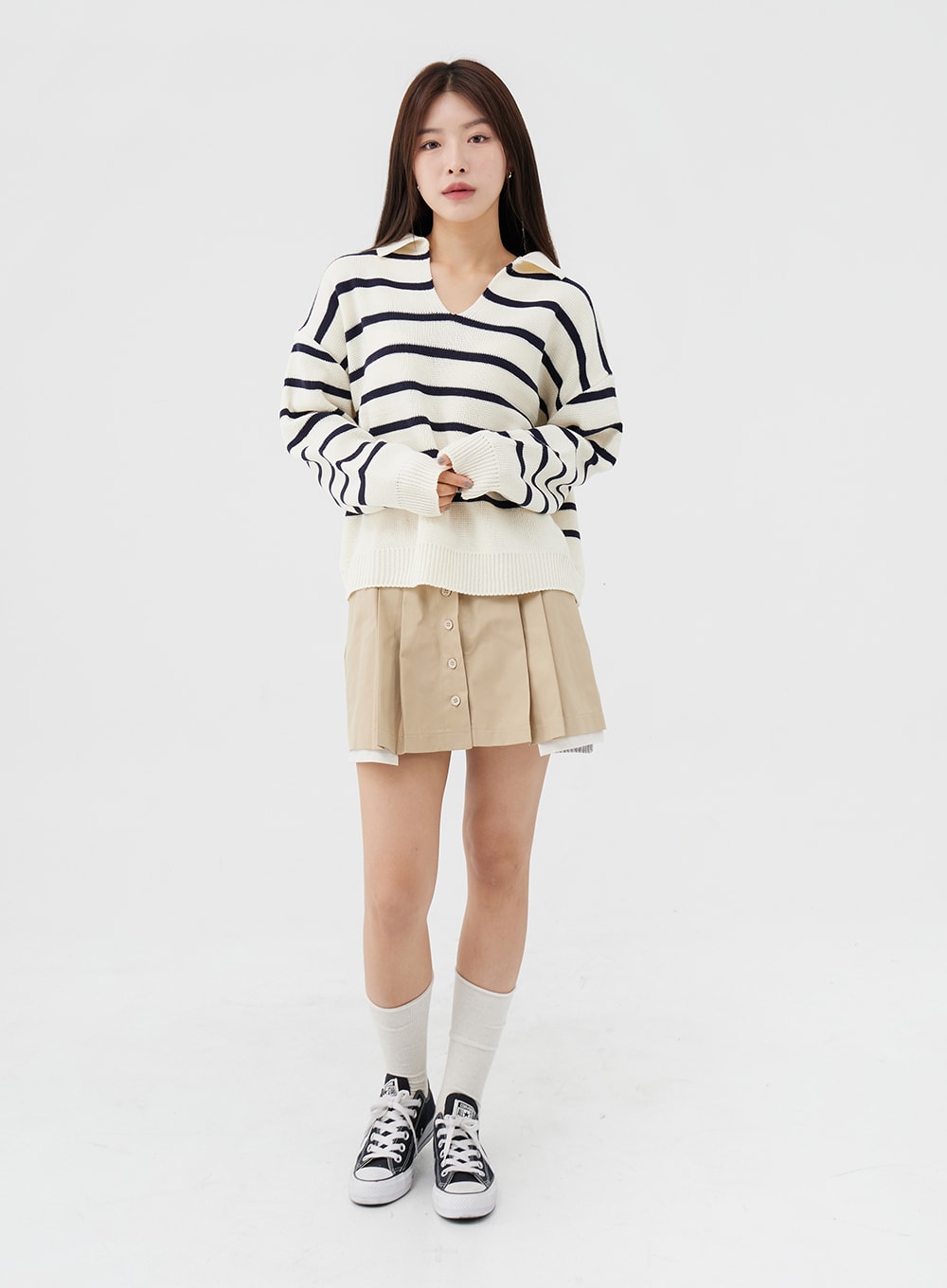 V-Neck Stripe Long Sleeve Knit with Collar IG24