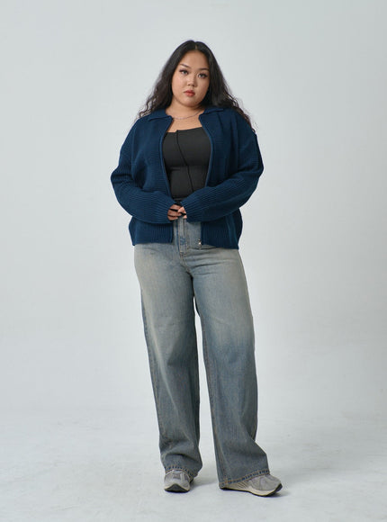 Plus Waffle Pattern Collared Two Way Zip-Up Knit